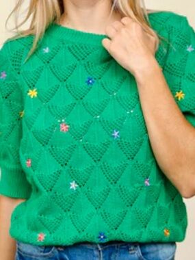 Aqua Green Heart-Knit Short Sleeve Sweater with Floral Accents